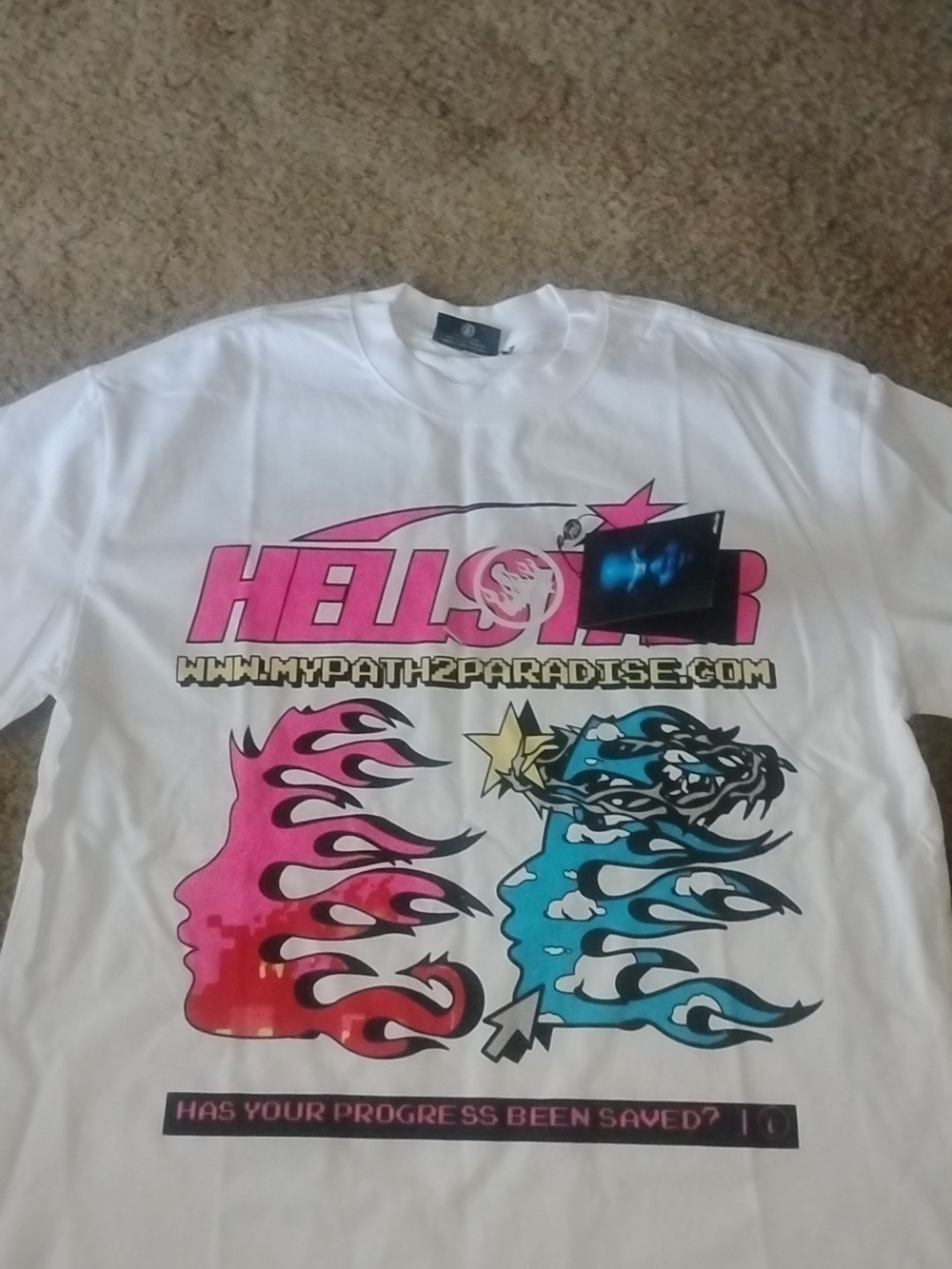 HELLStar Graphic Short Sleeve Tee - White with Pink & Blue Print